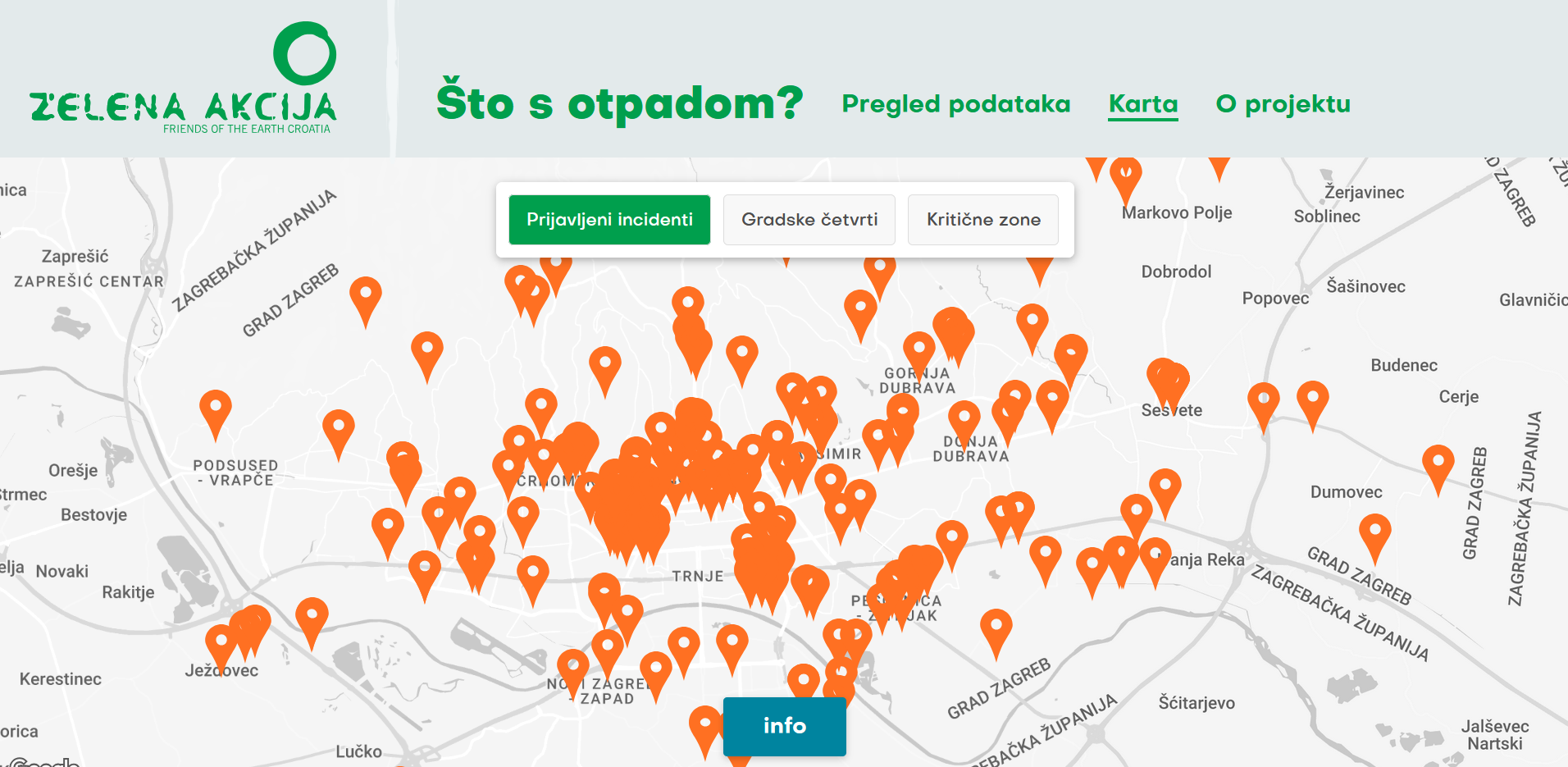 Pregled karte prijavljenih incidenata na web aplikaciji Što s otpadom?