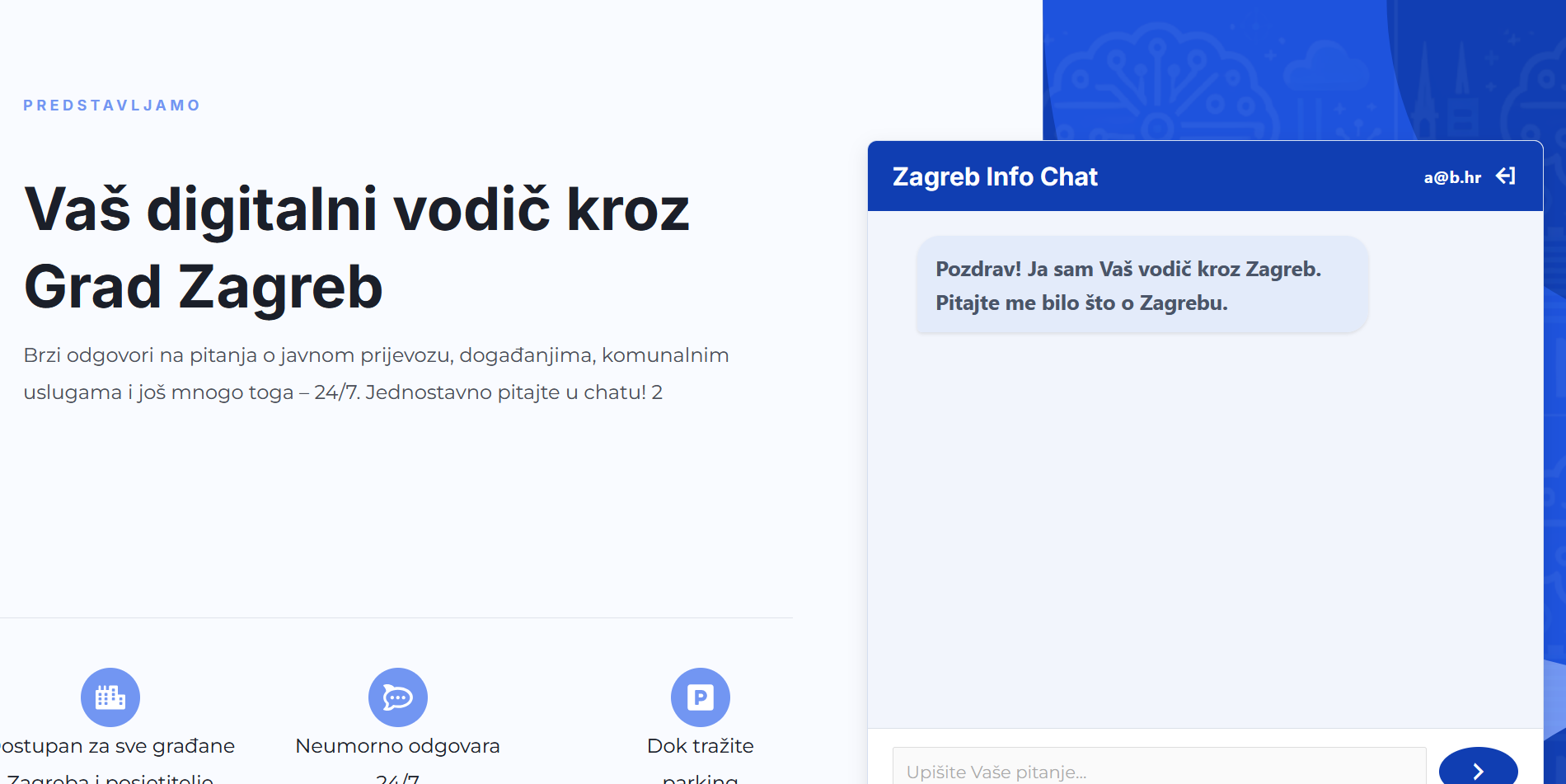 Prikaz početnog zaslona ZgInfo.AI servisa.